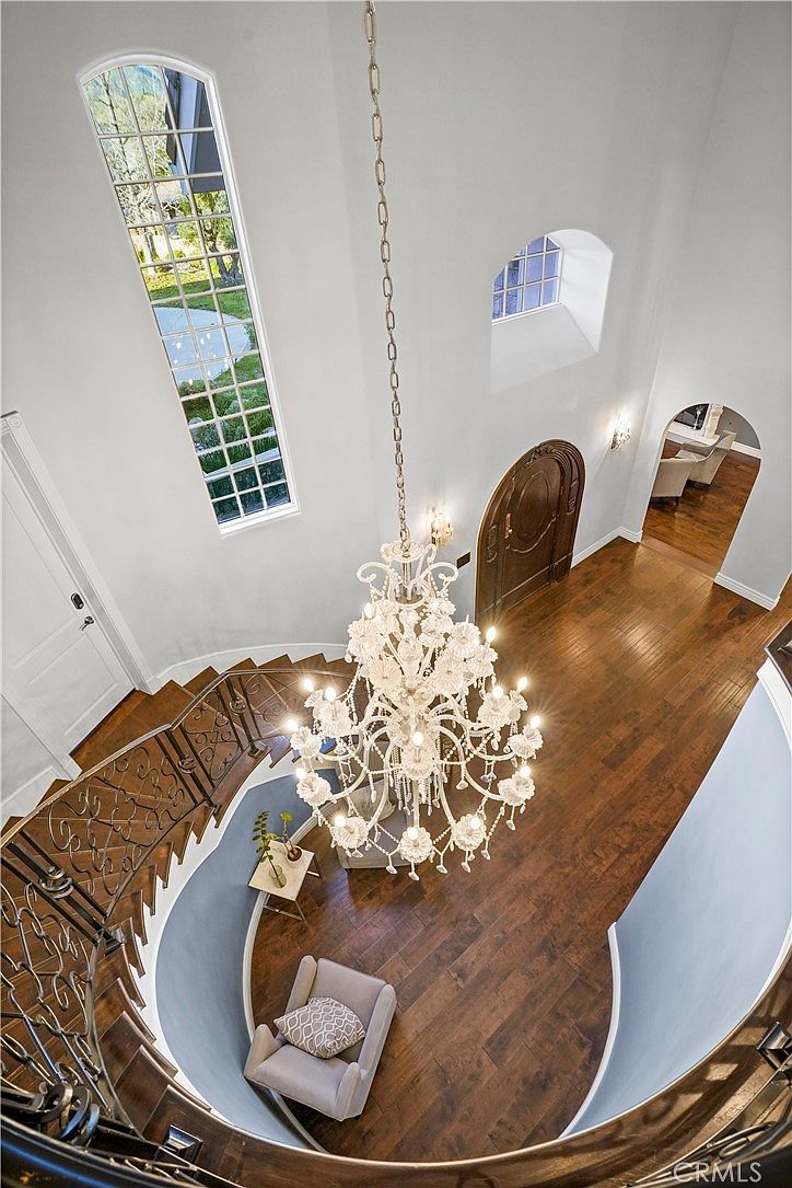 Foyer chandelier viewed from above at 22510 La Quilla Dr, Chatsworth